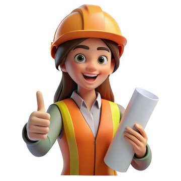 3d cartoon female engineer with blueprint and thumbs up isolated on transparent background