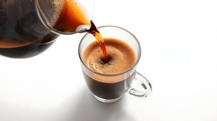 Coffee Pouring: A close-up view captures the art of pouring freshly brewed coffee into a transparent glass, revealing the rich, dark color and inviting aroma of the morning ritual.