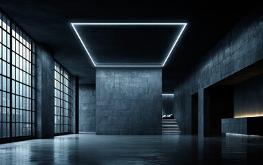 Modern industrial interior space with large windows and neon lighting
