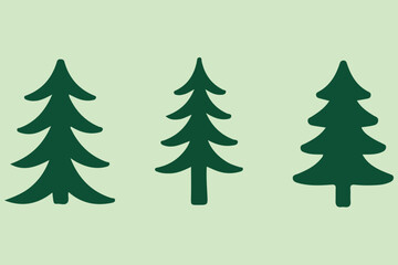 set of three simple flat pine tree silhouettes in dark green on soft green background, ideal for nature, forest, holiday, or christmas themed design and illustration projects