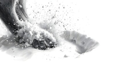 Powder Burst: A close-up, high-contrast image of a skier's foot carving through fresh, untouched snow, creating a dynamic burst of powder in a stark black and white composition.
