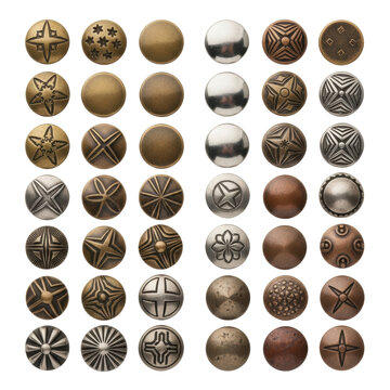 Diverse aged metal buttons, rivets, and studs (brass, bronze, silver, copper) with textures/patterns, arranged in precise rows on a white background with copy space. Concept of vintage haberdashery