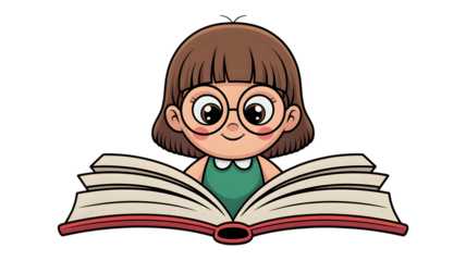 Cute Cartoon Girl Reading a Big Book, Childrens Book Illustration
