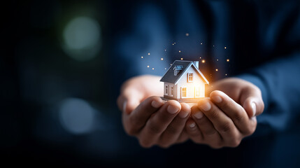 Mortgage broker hands analyzing home loan interest rates hologram using digital interface for real estate financing on dark background. home loan analysis mortgage application