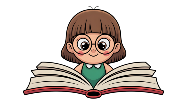 Cute Cartoon Girl Reading a Big Book, Childrens Book Illustration