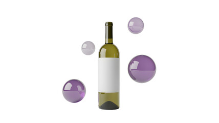 A green wine bottle with a white label surrounded by translucent purple and white floating spheres