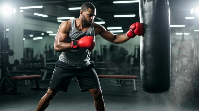 African american man boxer punching sandbag in gym, training for fight with powerful strikes, kickboxing workout footage.