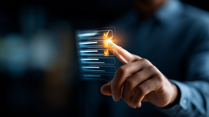 Workflow manager hands interacting with digital checklist interface hologram for document approval and task management on dark background. digital checklist document approval