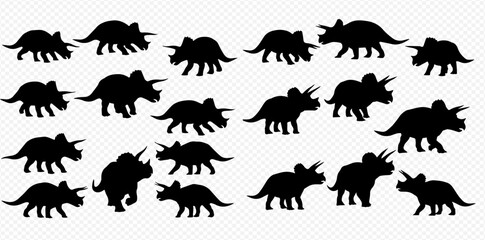 A collection of black triceratops dinosaur silhouettes in various poses on a transparent background.