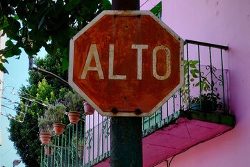 Mexico City Stop Sign Against Pink Building (Mexico City, CDMX, Mexico)