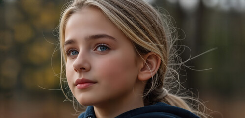 A young woman looks into the distance with a thoughtful expression