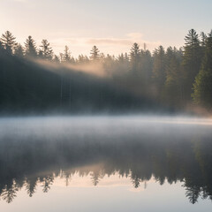 Fototapeta premium Foggy morning at the lake with sun rays shining through the trees