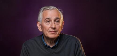 Obraz premium Portrait of an ignorant elderly man on a dark purple background