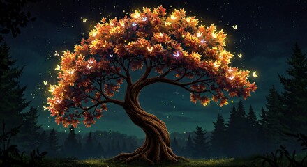 A fantasy tree with leaves shaped like glowing butterflie