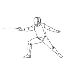 Fencer in action performing a lunge with foil sword on white background  