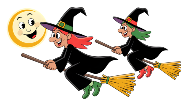 Two Witches Flying on Broomsticks Under a Smiling Sun - Halloween Cartoon Illustration