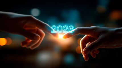Visionary hands touching 2026 on virtual timeline hologram symbolizing future strategic planning and leadership ambitions on dark background. future planning timeline strategic