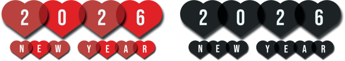 Creative New Year 2026 greeting card design with text and numbers set in heart shapes. This festive vector illustration comes in red and black, perfect for holiday decorations