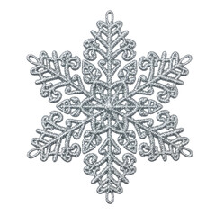 Highly detailed silver glitter snowflake with intricate filigree patterns, shimmering and symmetrical, isolated on a transparent background with copy space Christmas elegance concept