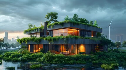 Contemporary sustainable villa with glass walls high resolution picture