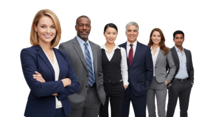 A diverse team of six business professionals, young caucasian woman with crossed arms, in modern business attire against a transparent studio background. Concept of diverse business teamwork