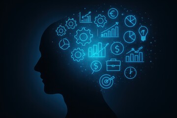Human head silhouette filled with glowing blue business and technology icons