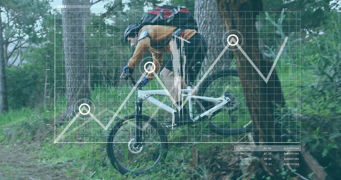 Riding cyclist wearing yellow jacket on mountain bike through woods with grid overlay
