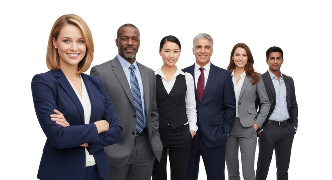 A diverse team of six business professionals, young caucasian woman with crossed arms, in modern business attire against a transparent studio background. Concept of diverse business teamwork