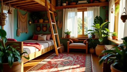 Cozy bohemian bedroom with a loft bed, hanging plants, patterned rug and large window filled with natural light creating a serene ambiance
