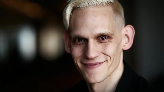 scarry  psycho look of young Caucasian man looking smiling at camera in dim light room