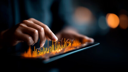 Fototapeta premium Data analyst hands studying data on digital tablet with futuristic graphs and charts hologram for big data and business analytics on dark background. big data analysis business
