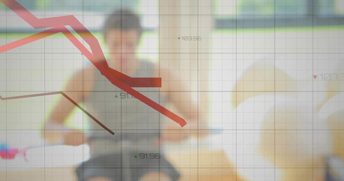 Rowing man in sportswear using rowing machine pushing sliding seat in home gym, with grid overlay - Powered by Adobe