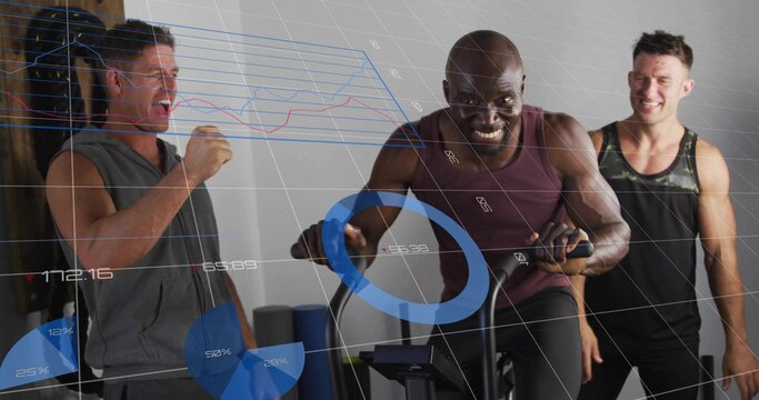 Pedaling man wearing maroon sleeveless top powering bike workout in gym, with fitness data overlay