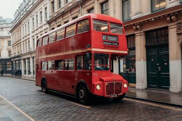 Iconic red double-decker bus traveling on a cobbled street in London, showcasing classic British transportation and architecture with a touch of vintage charm