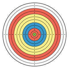 Colorful archery target with rings and scoring numbers for precision sport and aiming practice