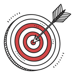 Hand drawn dart hitting the bullseye on a target symbolizing success and achievement in goals
