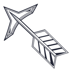 Stylized black outline arrow with sharp geometric fletching and pointed arrowhead on white background