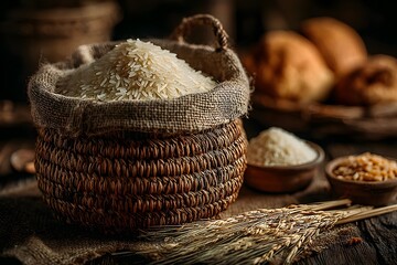 Raw rice overflowing from traditional woven basket high resolution picture