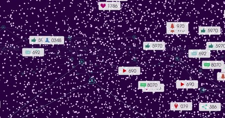 Displaying network on purple canvas with connected hexagonal nodes, floating social notifications