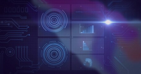 Animating central six-panel HUD interface on grid backdrop, with charts, globe icon and lens flare