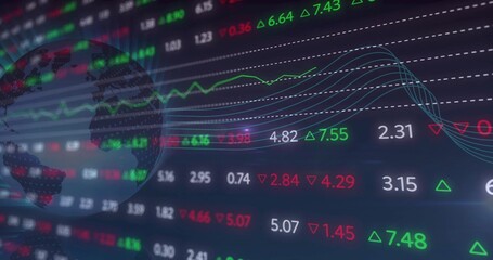 Displaying tickers updating on trading interface, with red and green arrows, globe, trend lines