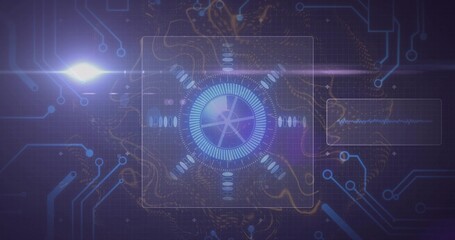 Central circular HUD spinning in virtual UI showing panels, waveform, circuit traces, glowing nodes