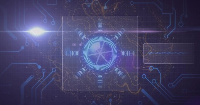 Central circular HUD spinning in virtual UI showing panels, waveform, circuit traces, glowing nodes - Powered by Adobe