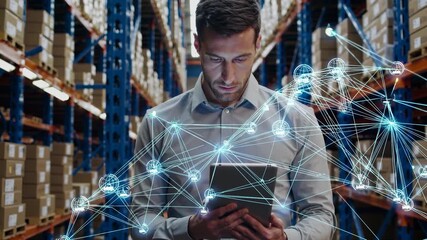 A man holds a tablet in a warehouse as digital overlays surround the tablet. The warehouse is filled with shelves and the man observes data from the tablet in the warehouse. - Powered by Adobe