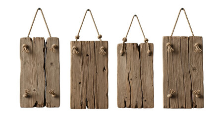 Four rustic wooden planks with natural grain and distressed textures, suspended by jute ropes with knots against a transparent studio background with copy space, concept of blank canvas