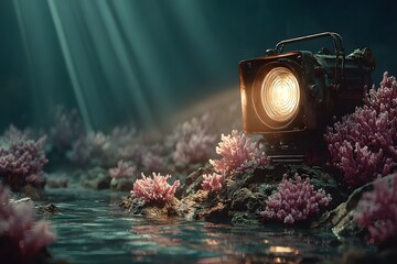 Spotlight beam lighting underwater coral reef scene high resolution picture