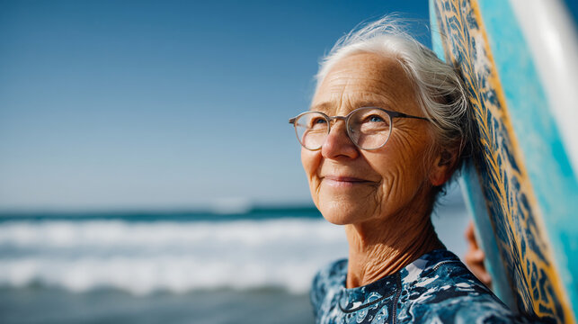 A smiling senior woman with glasses leans on a surfboard at the beach on a sunny day looking up