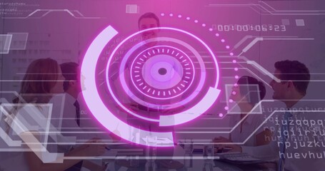 Female presenter gesturing toward projection screen in meeting room, with purple interface overlay