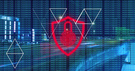 Displaying red shield icon with padlock and target rings on digital dashboard, with streaming code