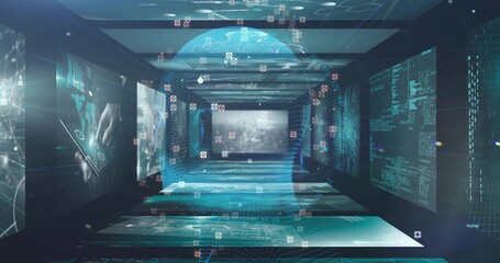 Showing holographic head flowing streams in virtual corridor, data screens and floating code blocks